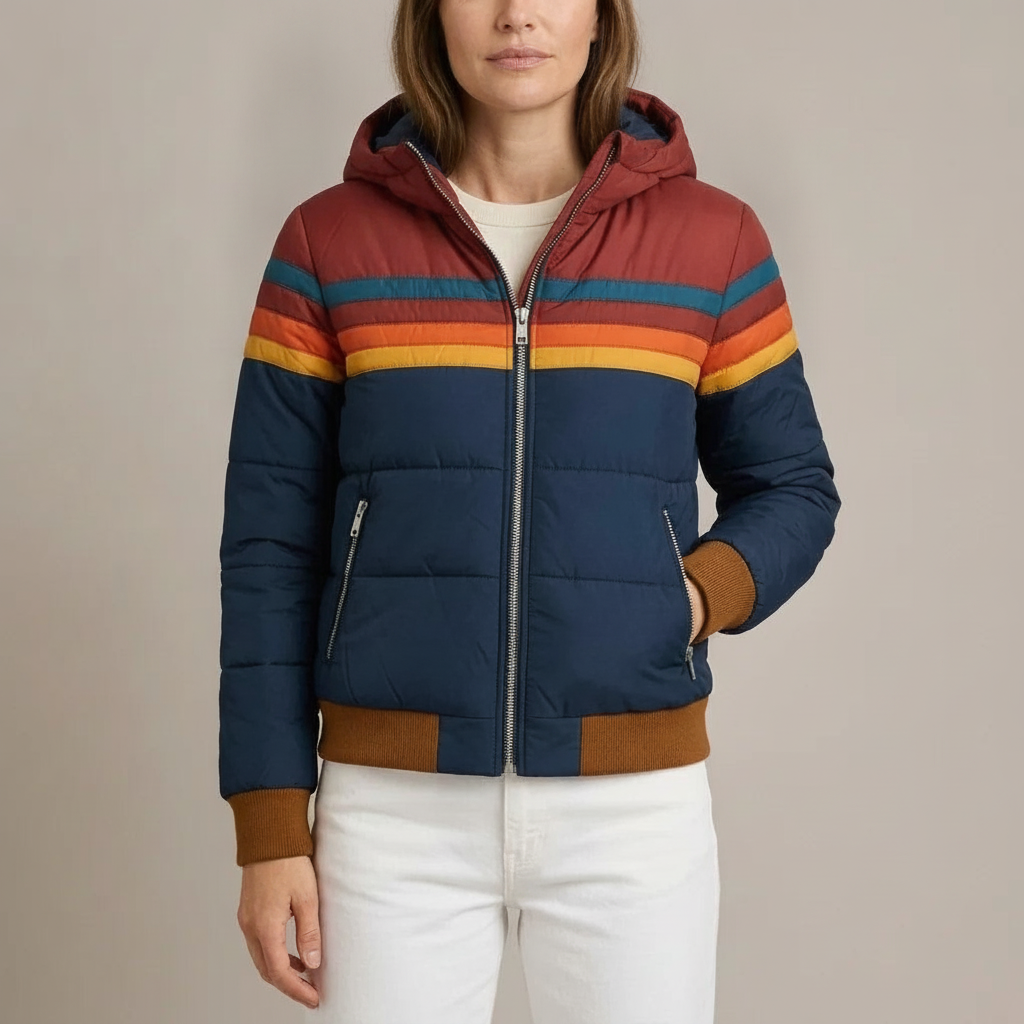 Retro Stripe Puffer Jacket - Hooded Zip Women's Jacket Navy Blue front view