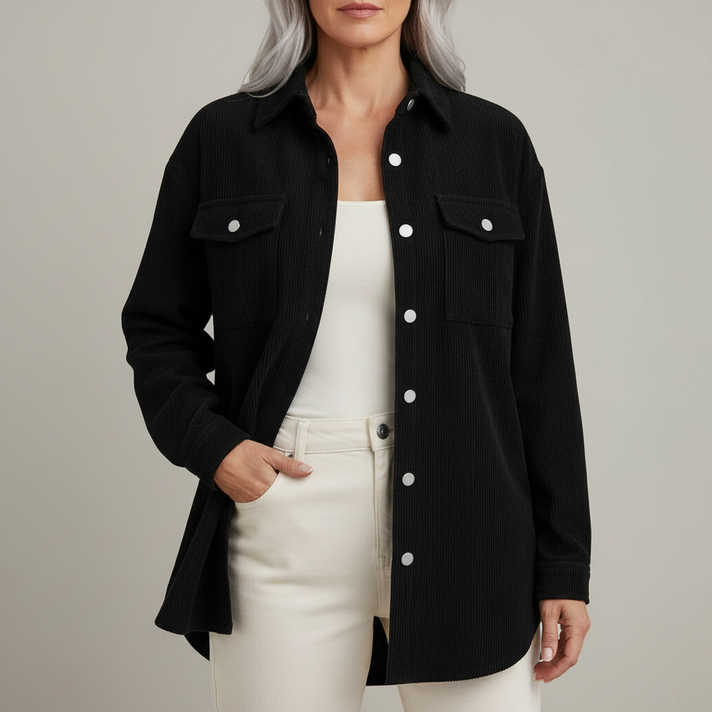 Corduroy Shirt Jacket - Oversized Button Front Women's Black front view