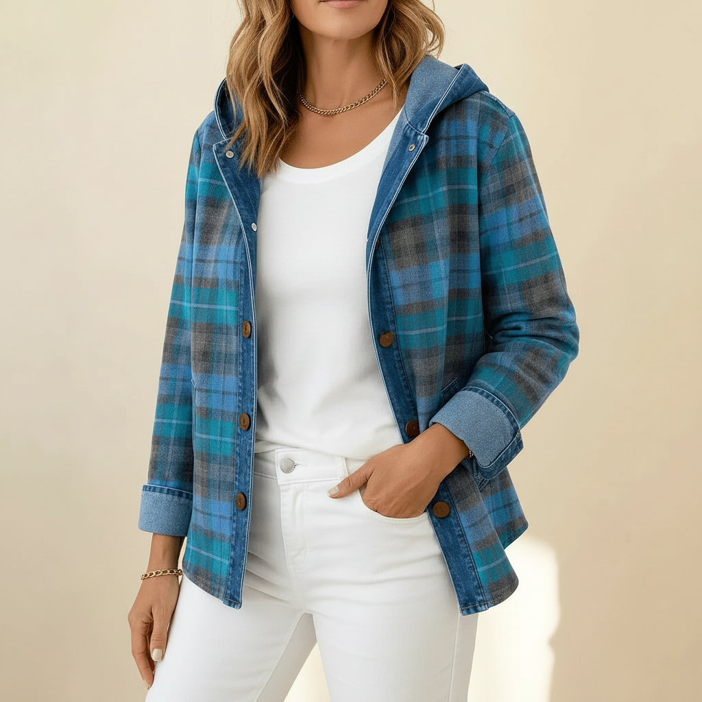 Plaid Hooded Jacket - Denim Trim Button Up Women's Jacket Blue front view
