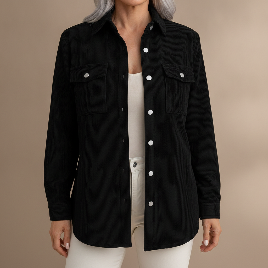 Corduroy Utility Jacket - Oversized Chest Pocket Women's Black front view