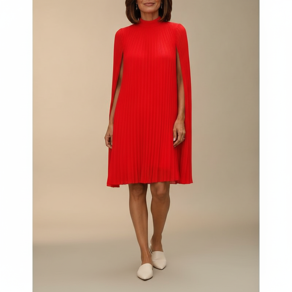 Pleated Cape Sleeve Mini Dress - Women's Dress Red front view