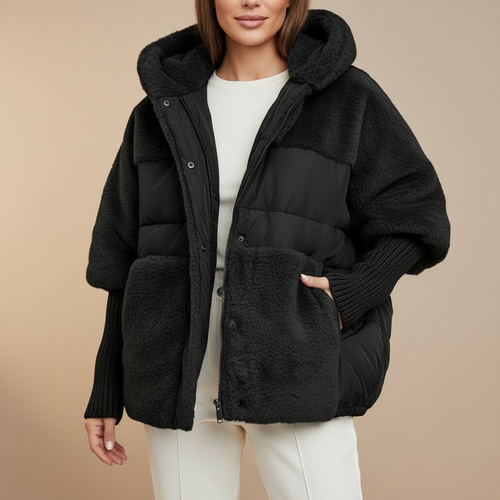 Oversized Teddy Puffer Jacket - Hooded Women's Jacket Black front view