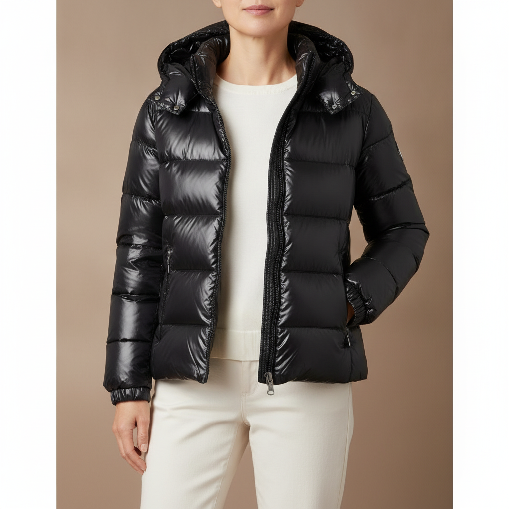 Hooded Quilted Puffer Jacket - Snap Zip Front Women's Black front view