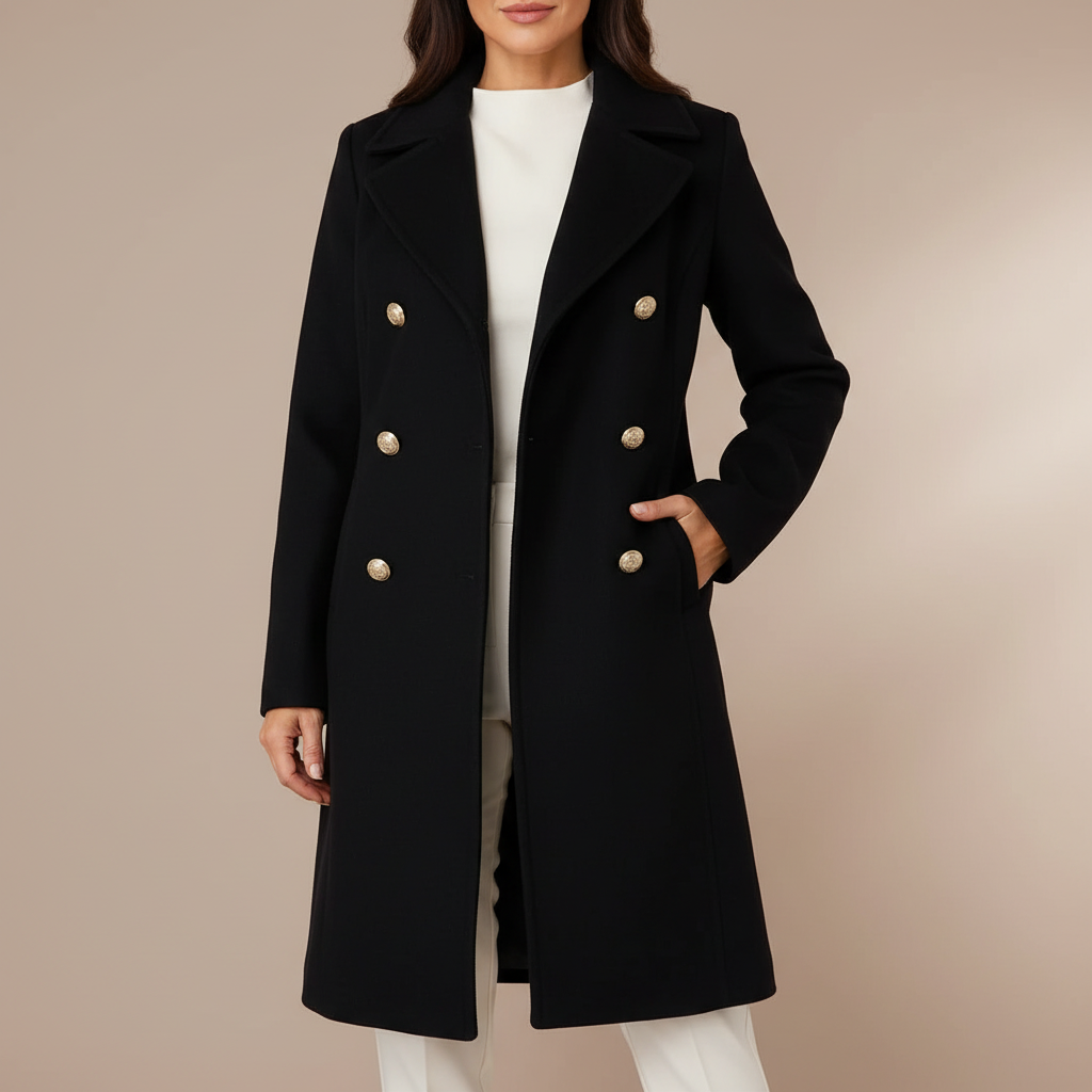 Double Breasted Coat - Gold Button Notch Lapel Women's Black front view