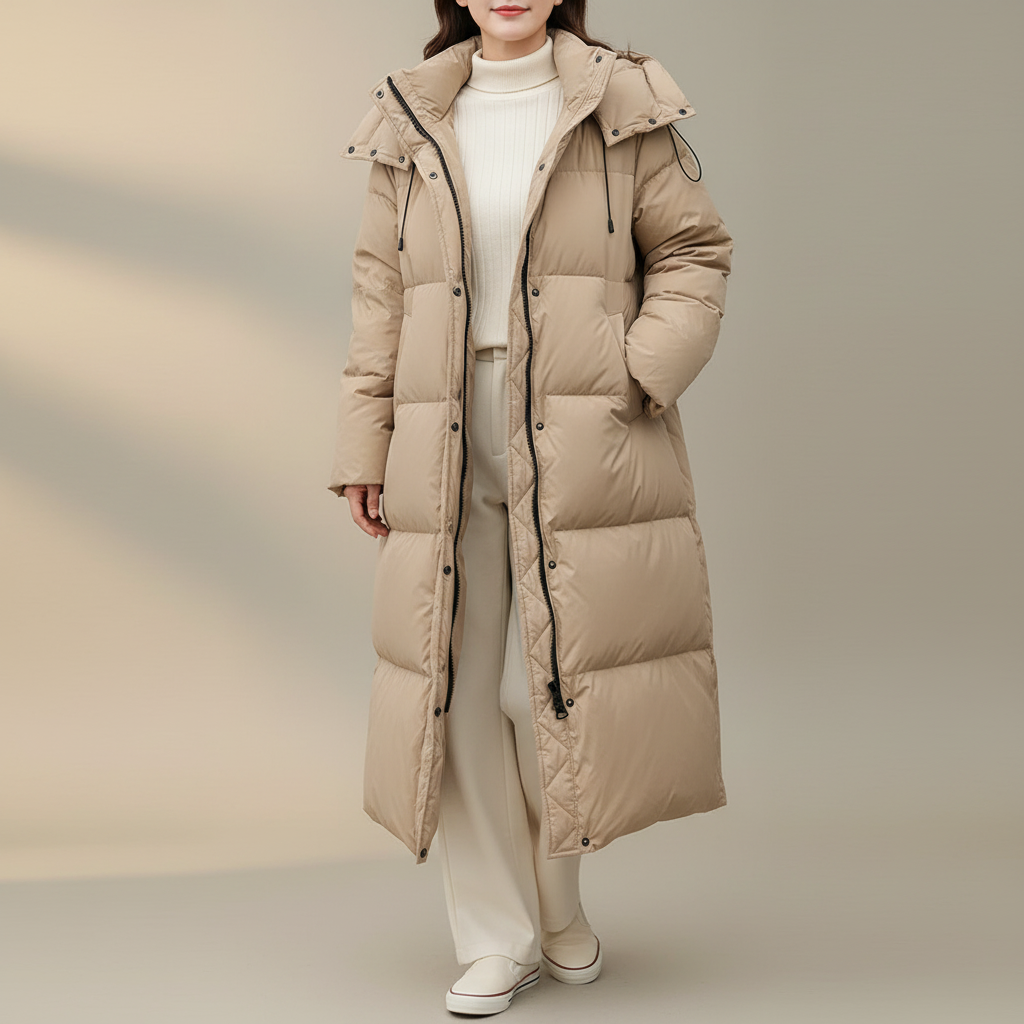 Long Insulated Puffer Coat - Hooded Women's Winter Jacket Beige front view