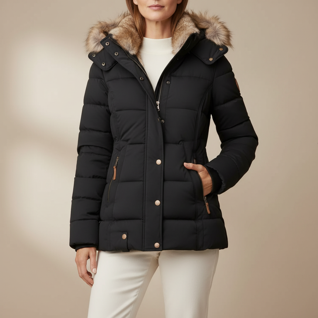 Faux Fur Lined Padded Jacket - Hooded Women's Winter Coat Black front view