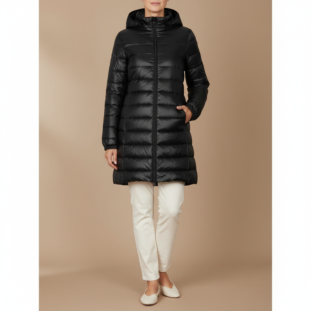 Long Quilted Hooded Jacket - Stand Collar Women's Coat front view