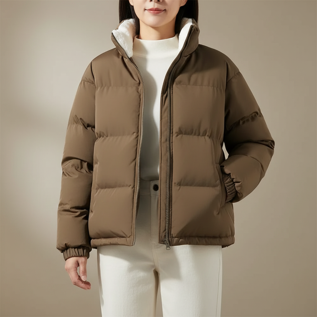 Fleece Lined Puffer Jacket - Quilted Hooded Women's Jacket Brown front view