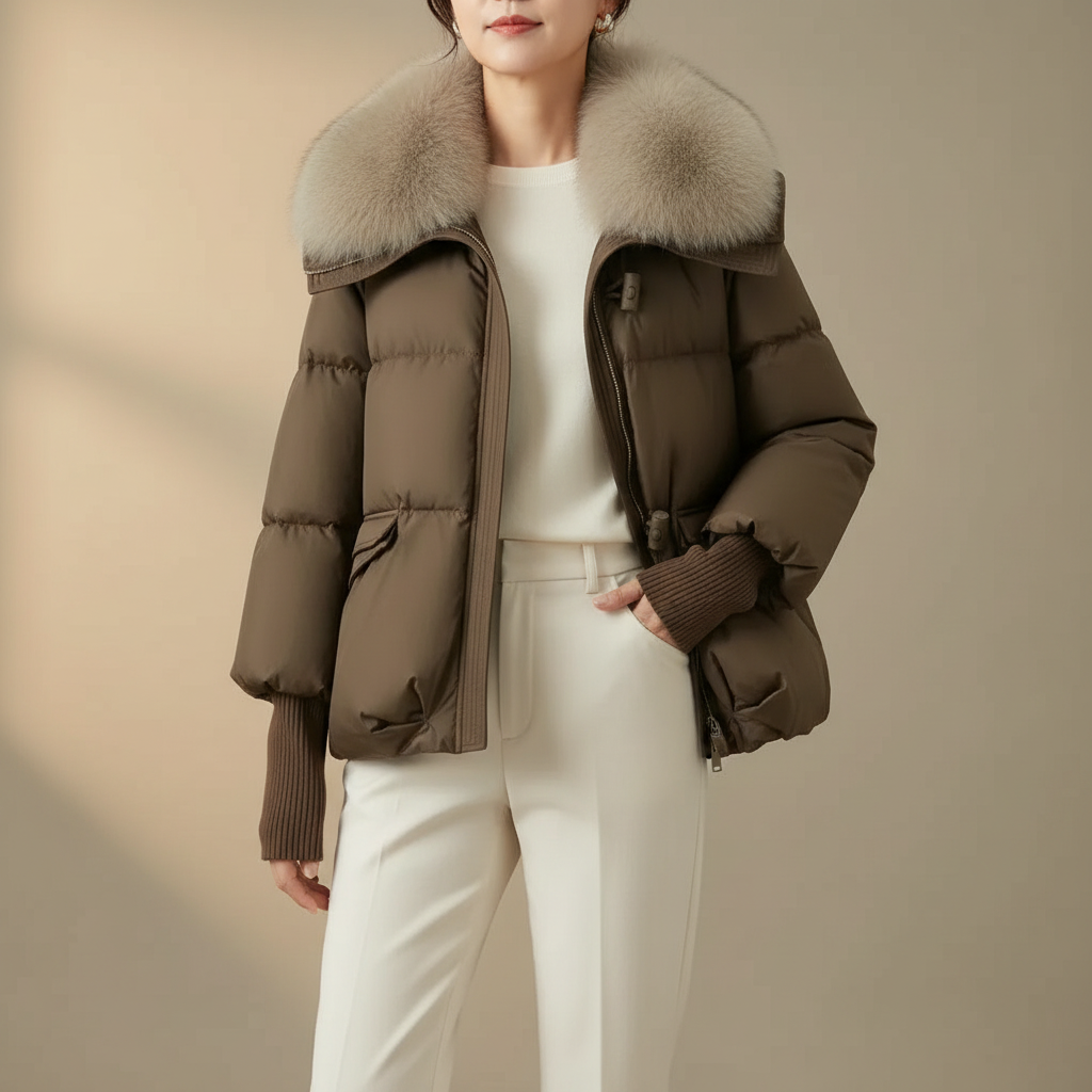 Faux Fur Collar Puffer Jacket - Quilted Women's Jacket Brown front view