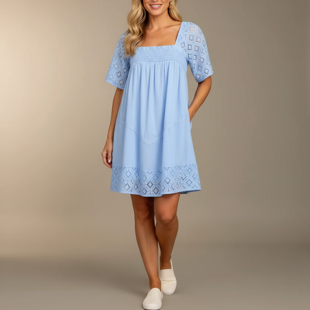 Smocked Lace Sleeve Mini Dress - Square Neck Women's Dress Powder Blue front view