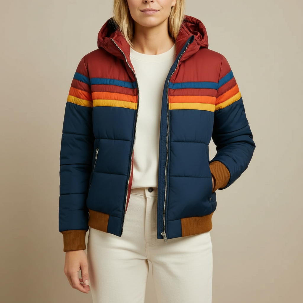 Multicolor Striped Puffer Jacket - Hooded Women's Jacket Navy Blue front view