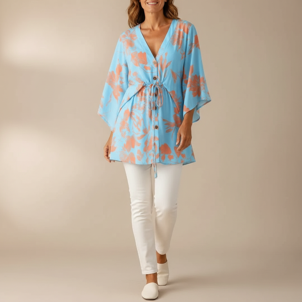 Floral Mini Dress - V Neck Flutter Sleeve Women's Dress Aqua Coral Floral front view