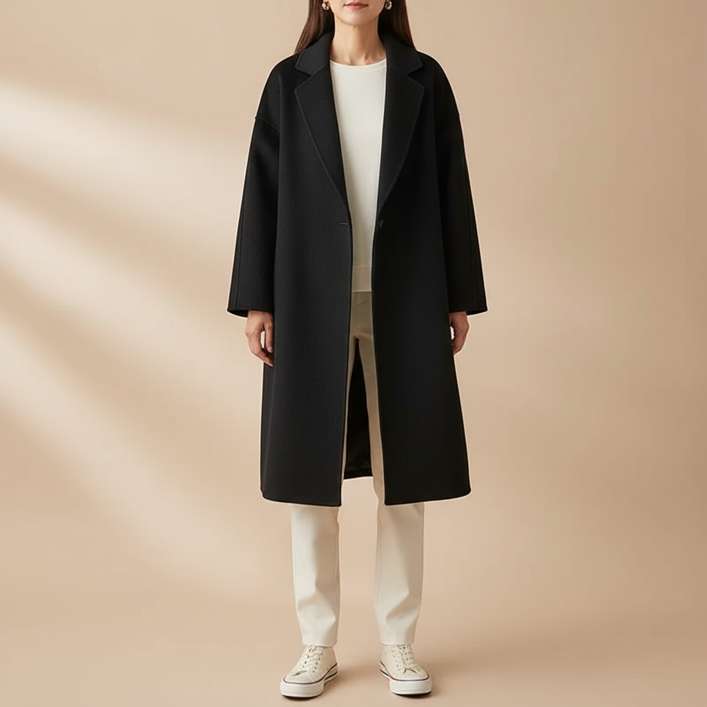 Oversized Longline Wool Coat - Wide Lapel Women's Coat Black front view