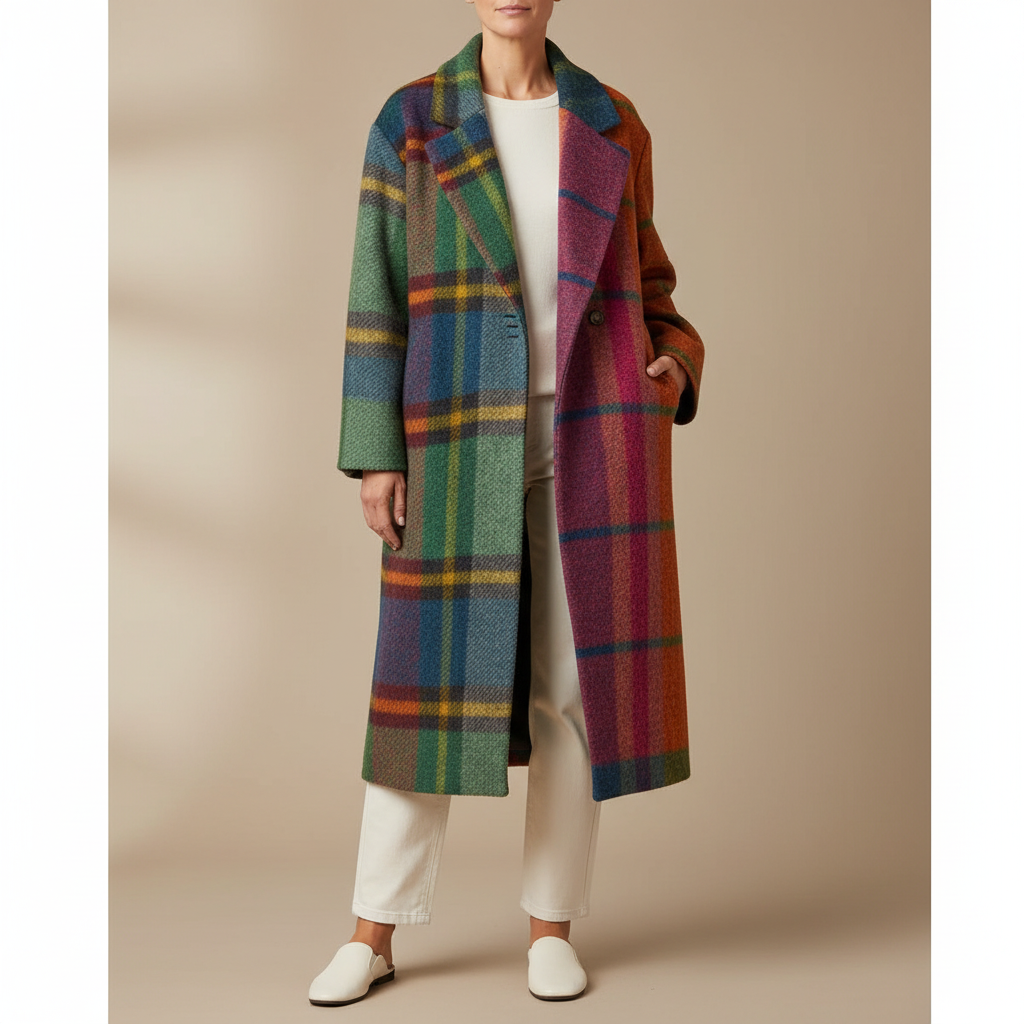 Colorblock Long Wool Coat - Lapel Collar Women's Coat Orange front view