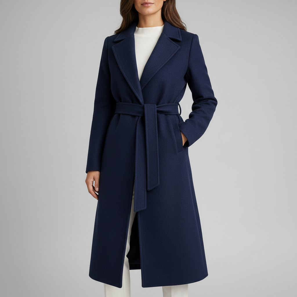 Belted Wool Coat - Notched Lapel Women's Winter Coat Navy Blue front view