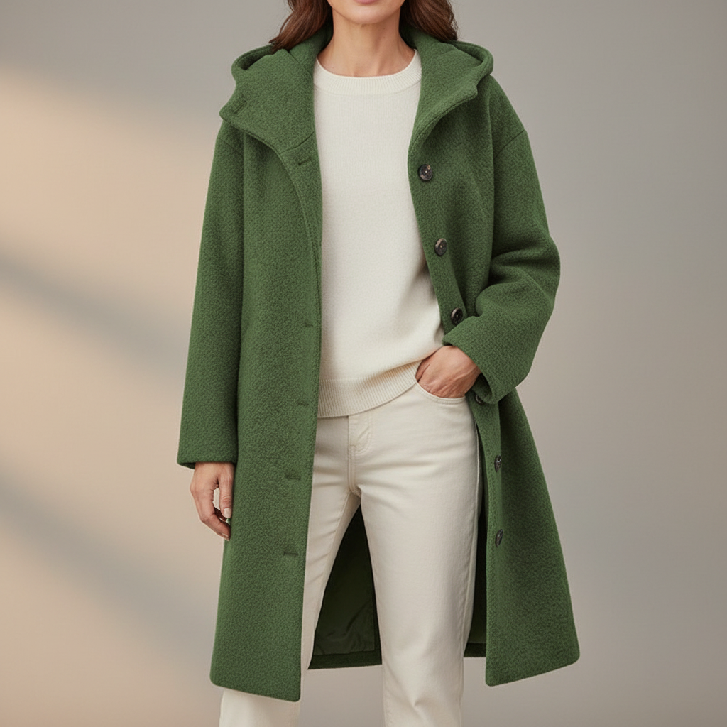 Hooded Wool Blend Coat - Turn Down Collar Women's Coat Green front view