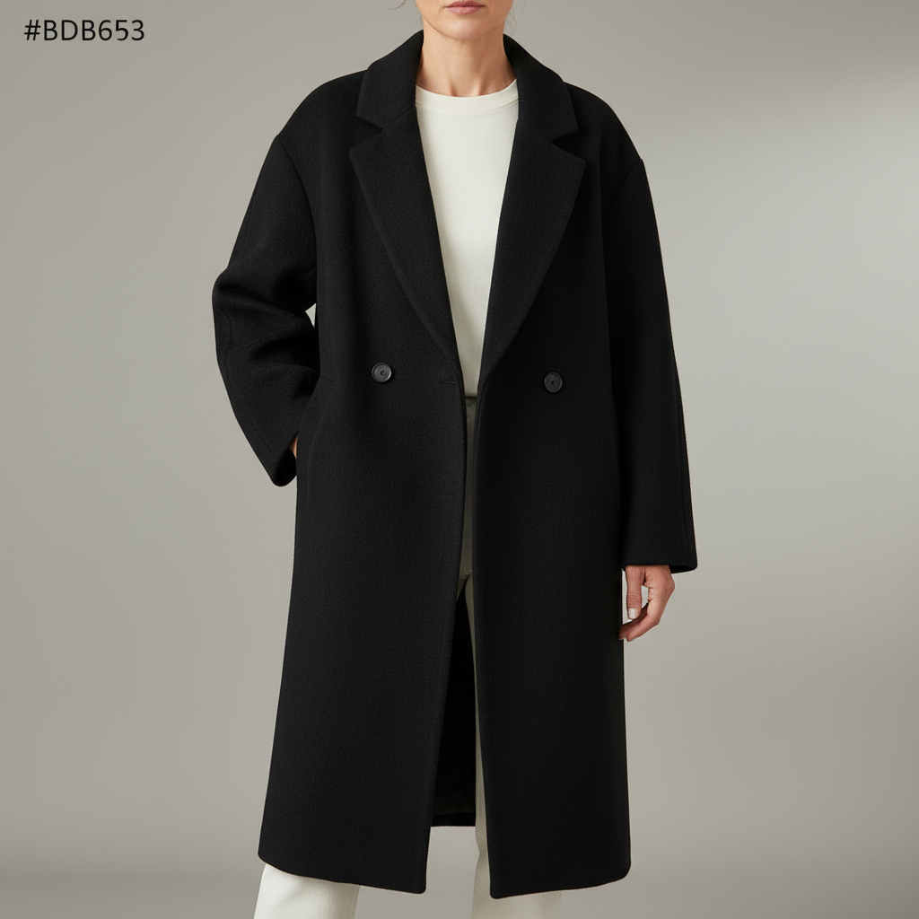 Oversized Double Breasted Wool Coat - Women's Winter Coat Black front view