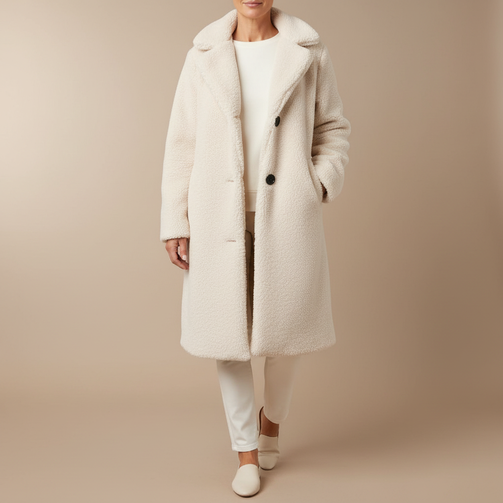 Long Teddy Coat - Single Breasted Lapel Women's Coat Apricot front view