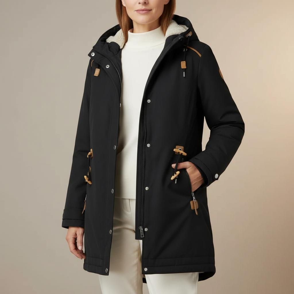 Sherpa Lined Parka - Hooded Faux Fur Trim Women's Jacket Black front view