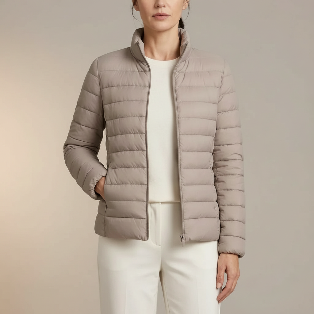 Lightweight Quilted Puffer Jacket - Stand Collar Women's Gray front view