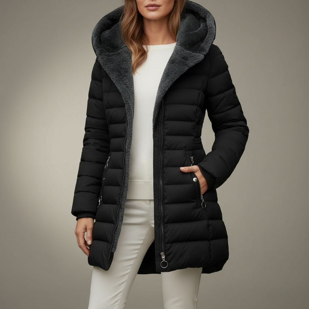 Hooded Quilted Puffer Coat - Faux Fur Trim Women's Jacket Black front view