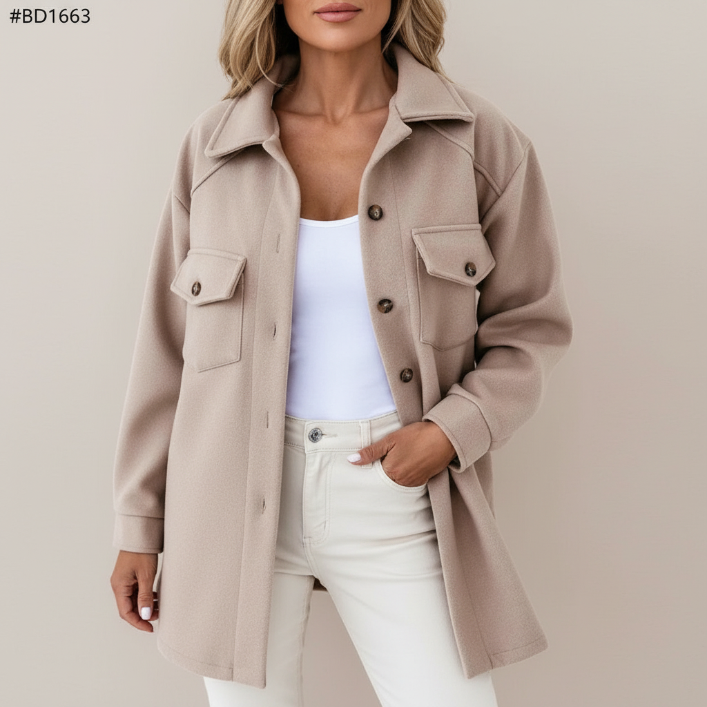 Oversized Utility Jacket - Belted Button Front Women's Beige front view