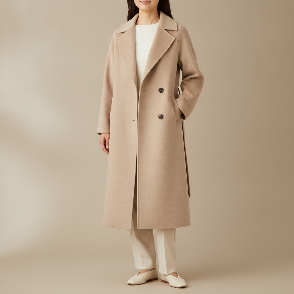 Long Belted Wool Coat - Double Breasted Women's Coat beige front view