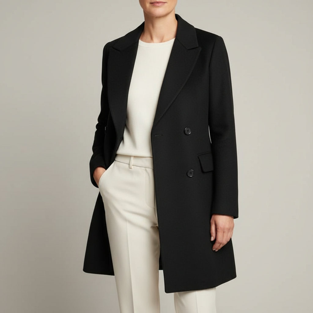 Double Breasted Wool Coat - Notched Lapel Women's Coat Black front view