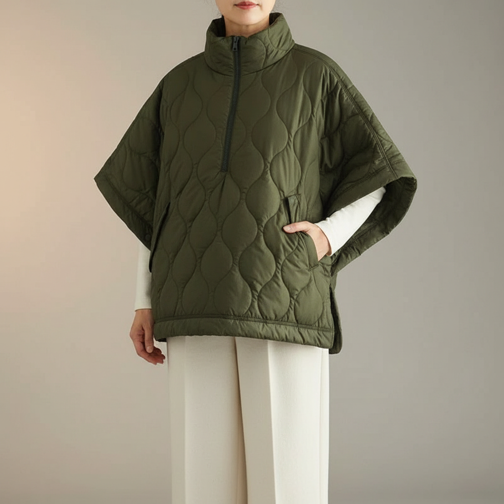 Quilted Puffer Cape - Stand Collar Zip Women's Jacket Olive Green front view