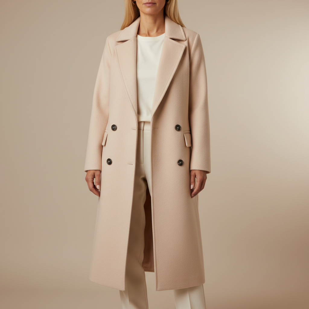 Belted Double Breasted Wool Coat - Lapel Women's Coat Apricot front view