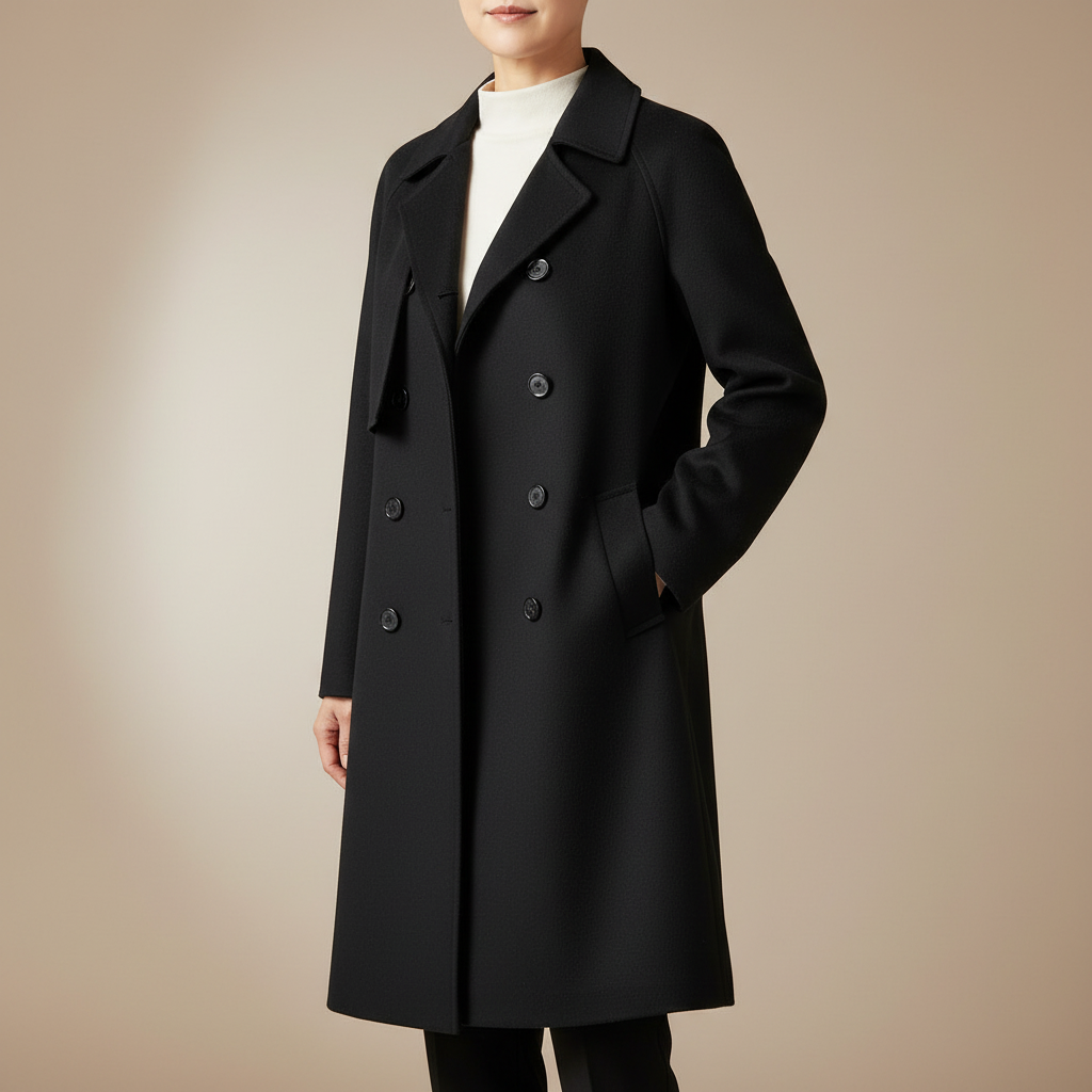 Double Breasted Wool Coat - Mid Length Women's Coat Black front view