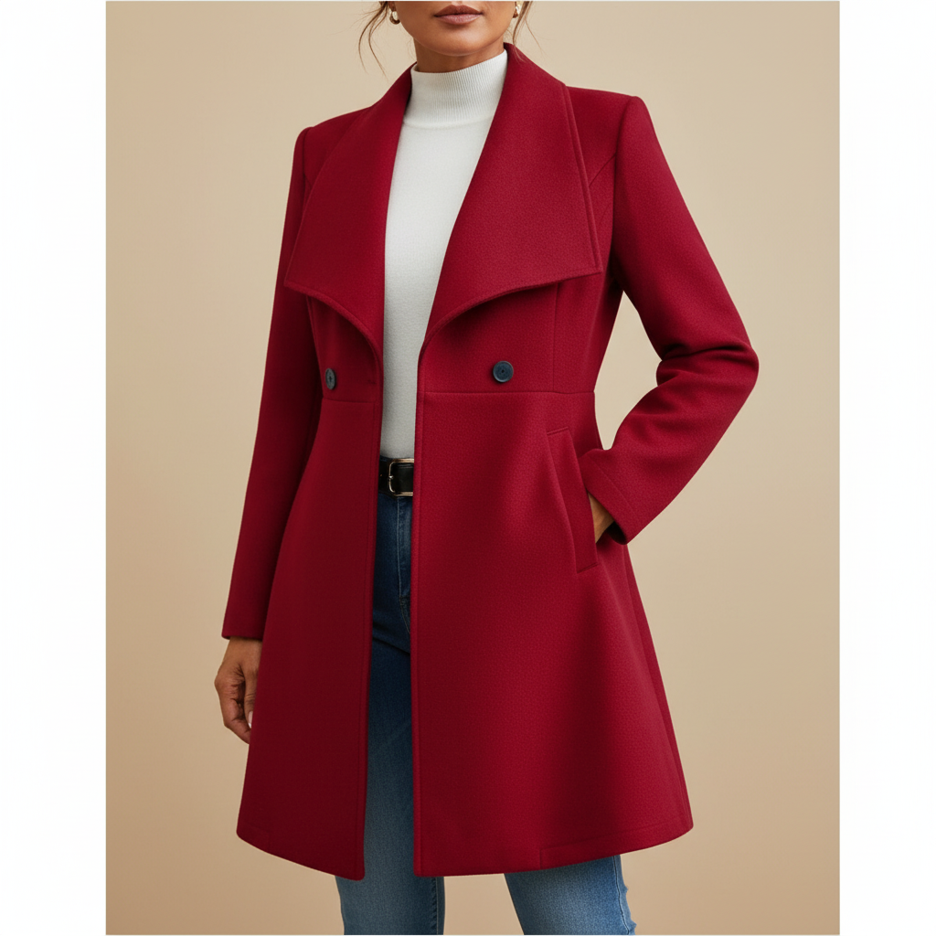Double Breasted Wool Coat - Lapel Collar Tailored Women's Wine Red front view