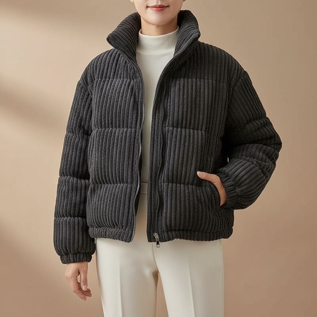 Corduroy Puffer Jacket - High Collar Oversized Women's Black front view
