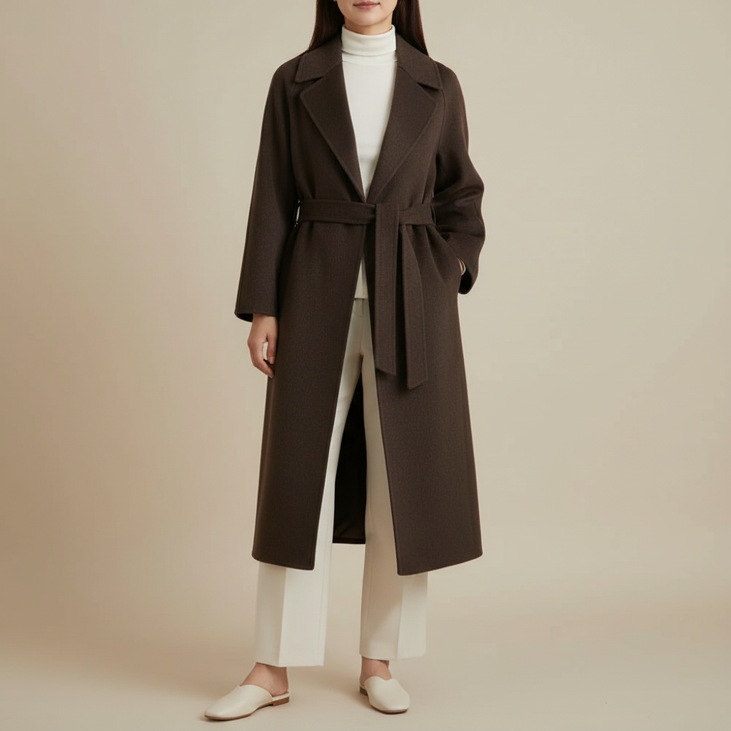 Belted Longline Wool Coat - Wide Lapel Women's Coat Dark Brown front view