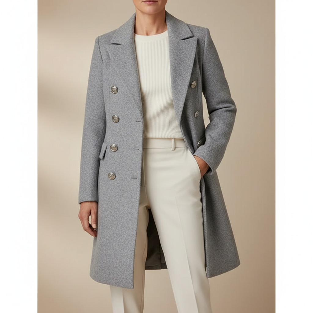 Tailored Wool Coat - Double Breasted Lapel Women's Coat Gray front view