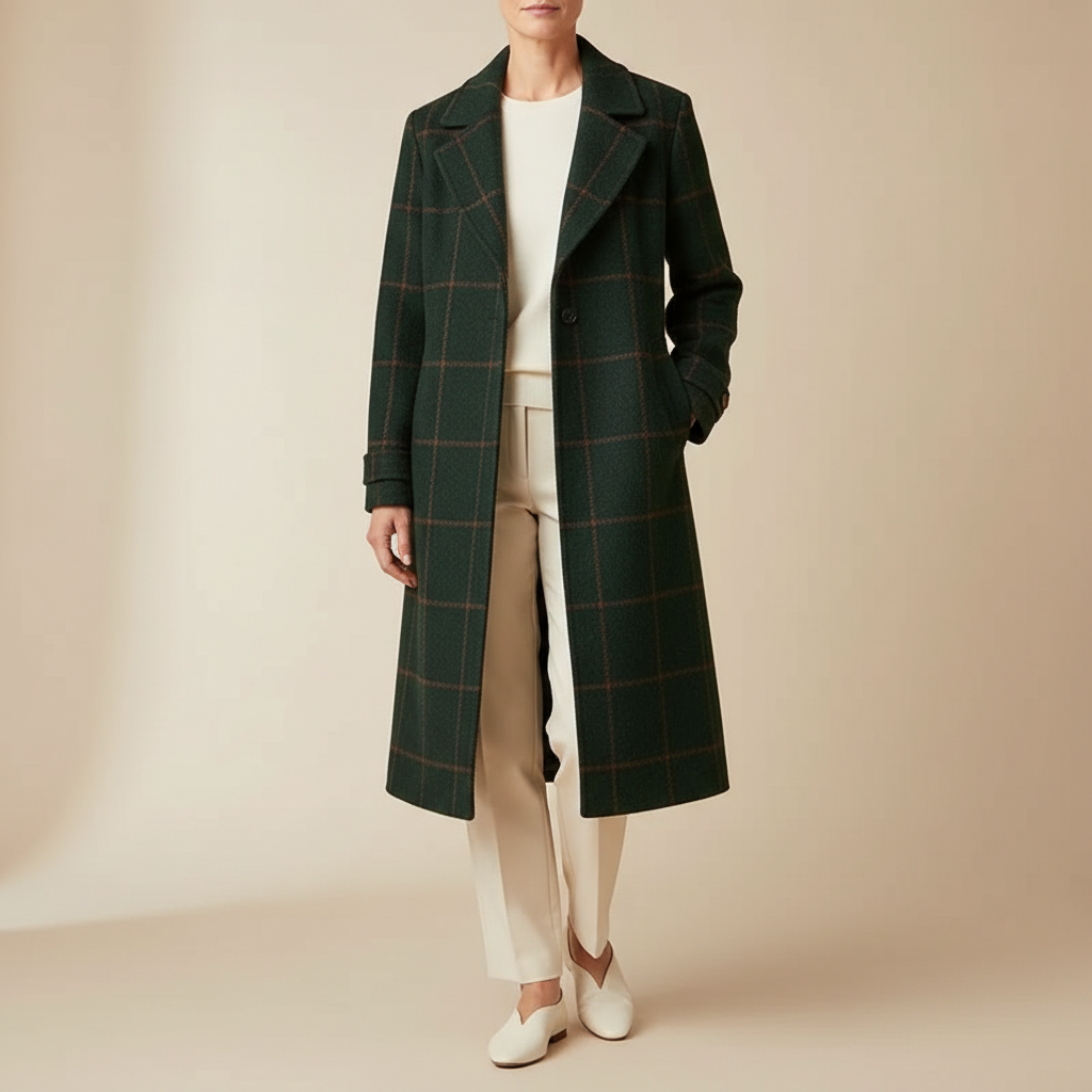 Printed Tweed Longline Coat - Wide Lapel Women's Coat Dark Green front view