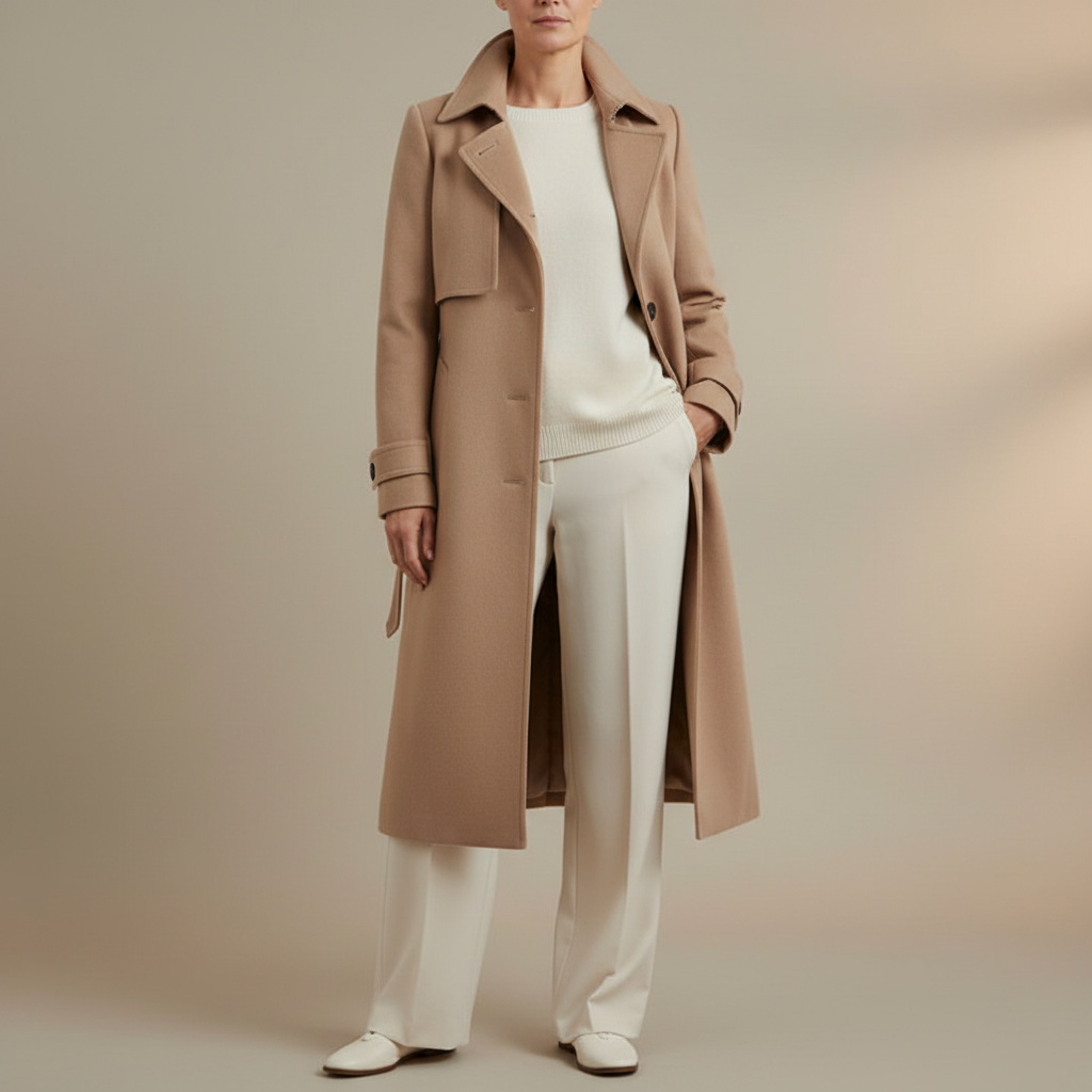 Belted Wool Trench Coat - High Collar Women's Coat Beige front view