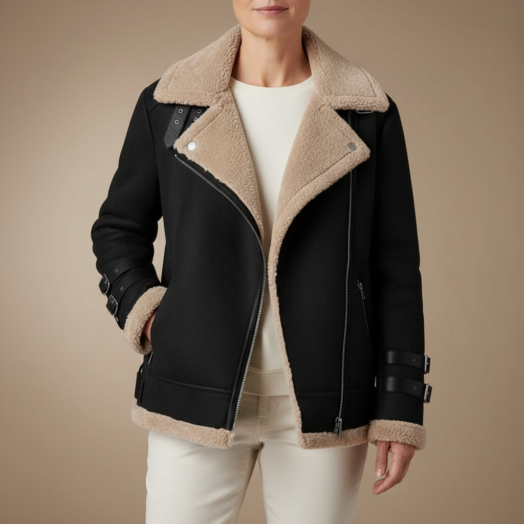 Shearling Lined Moto Coat - Belted Leather Women's Coat Black front view