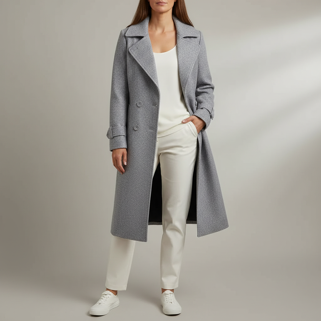 Double Breasted Lapel Coat - Long Women's Winter Coat Gray front view