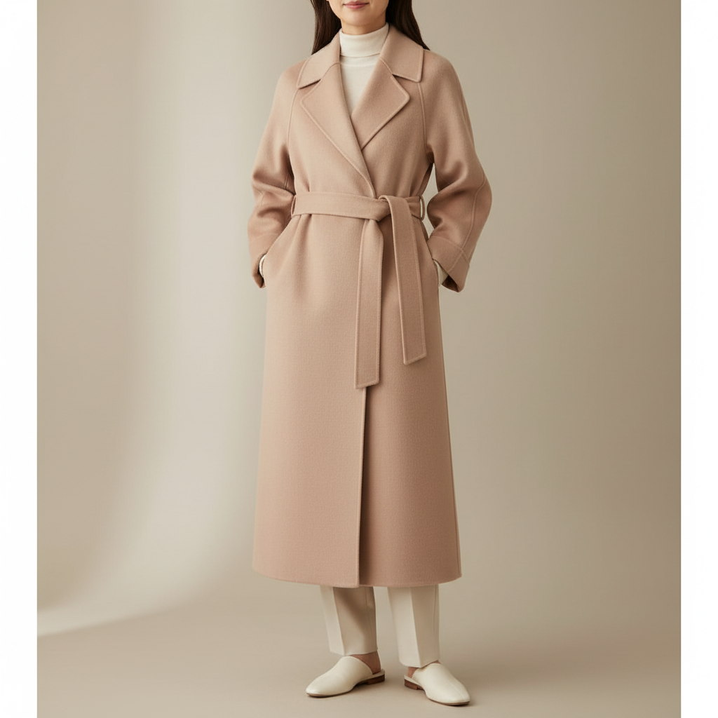 Longline Wool Wrap Coat - Belted Women's Coat Apricot front view
