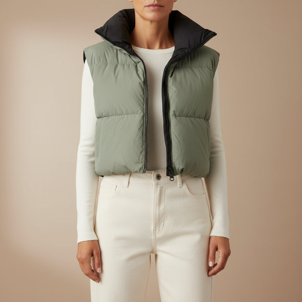 Reversible Puffer Vest - Cropped High Collar Women's Sage green front view
