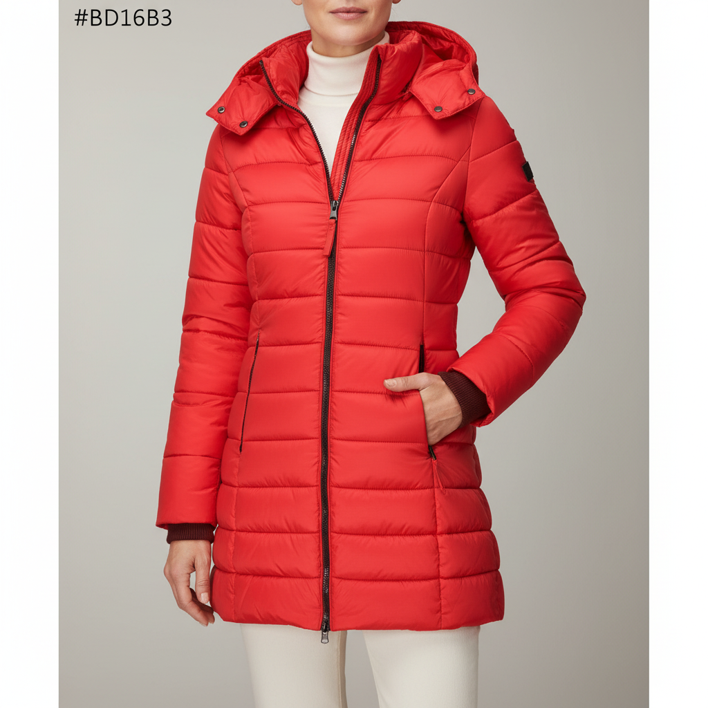 Slim Hooded Puffer Jacket - Mid Length Quilted Women's Red front view