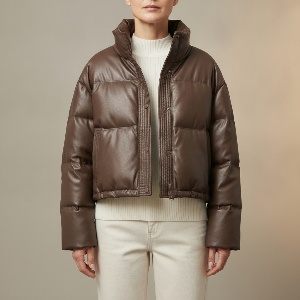 Oversized Cropped Puffer Jacket - High Neck Women's Brown front view