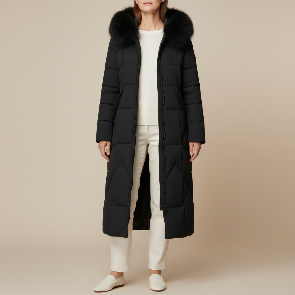 Long Puffer Coat - Faux Fur Hood Quilted Women's Coat Black front view
