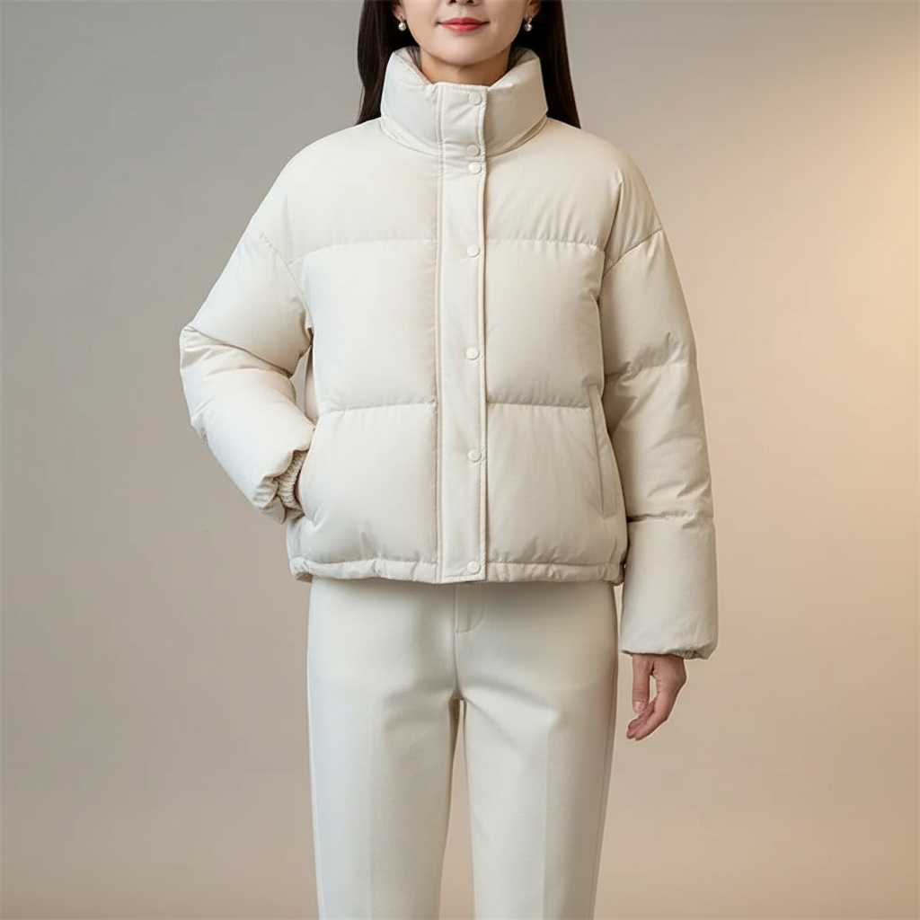 Quilted High Neck Puffer Jacket - Relaxed Women's Jacket White front view