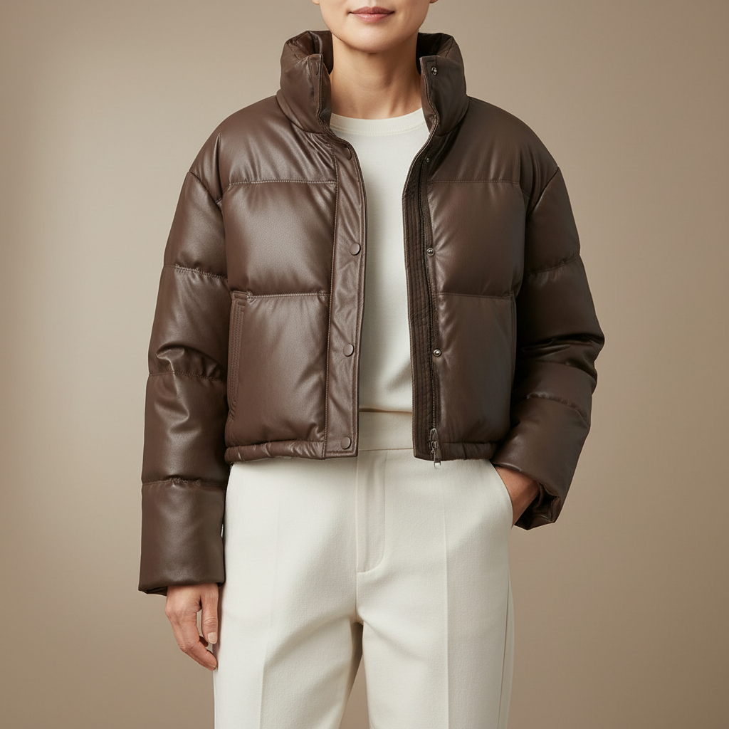 Cropped Glossy Puffer Jacket - High Neck Women's Jacket Brown front view