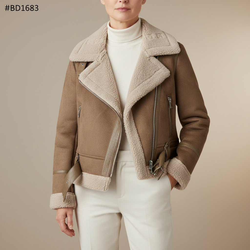 Suede Moto Jacket - Lambswool Lined Lapel Women's Jacket Khaki front view