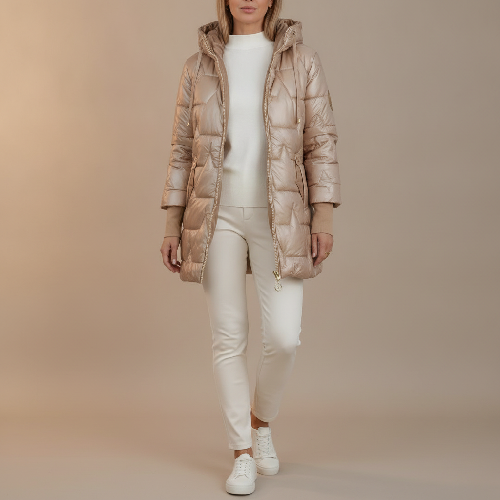 Longline Quilted Puffer Jacket - Hooded Zip Up Women's Beige front view