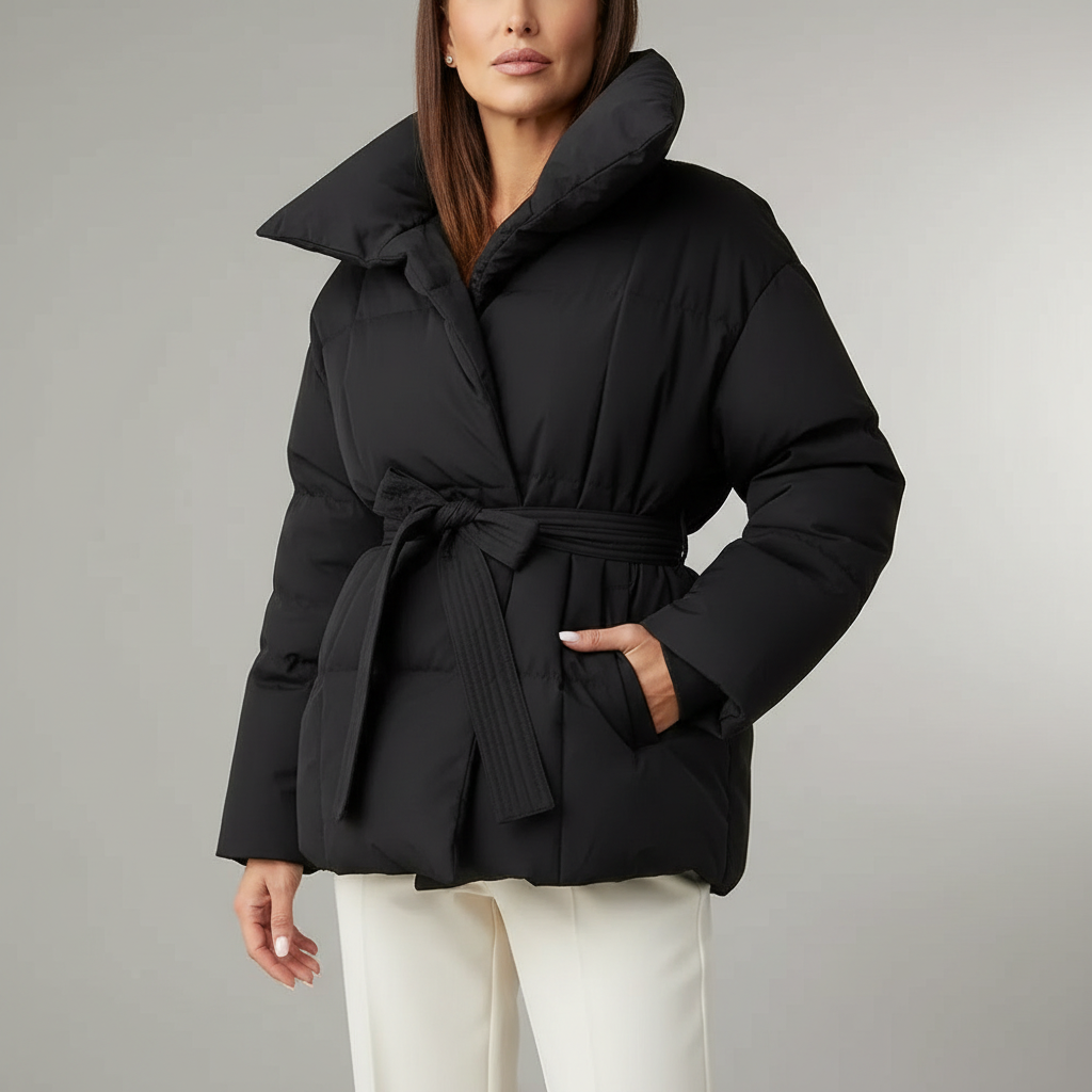 Belted Puffer Jacket - Oversized Collar Short Women's Black front view