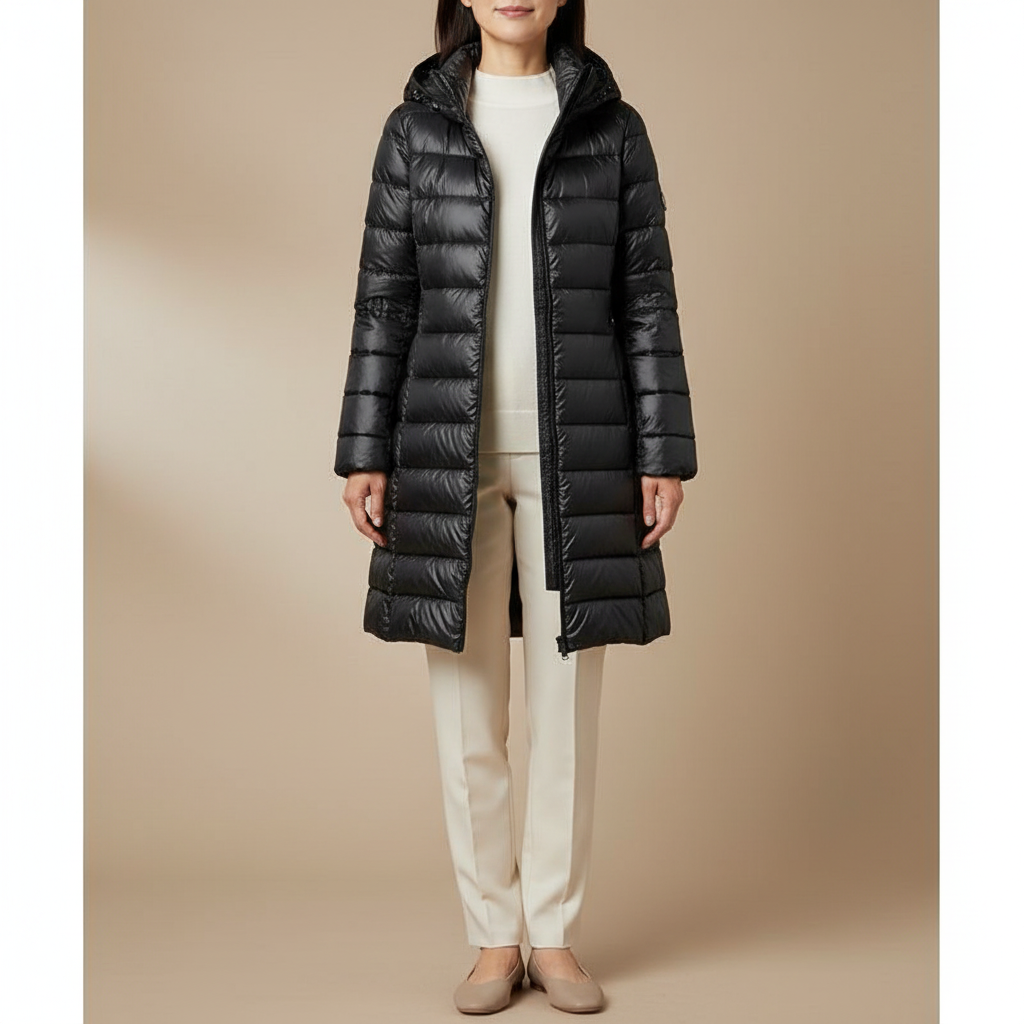 Longline Hooded Puffer Jacket - Lightweight Women's Coat Black front view